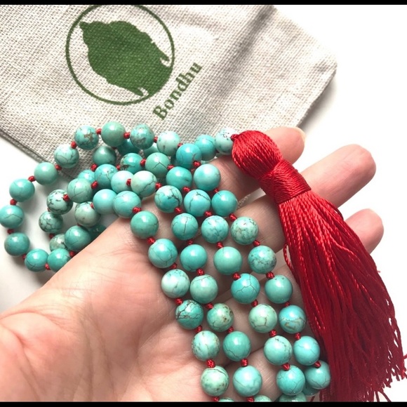 Turquoise Mala Bead Necklace with Red Tassel - Picture 4 of 4